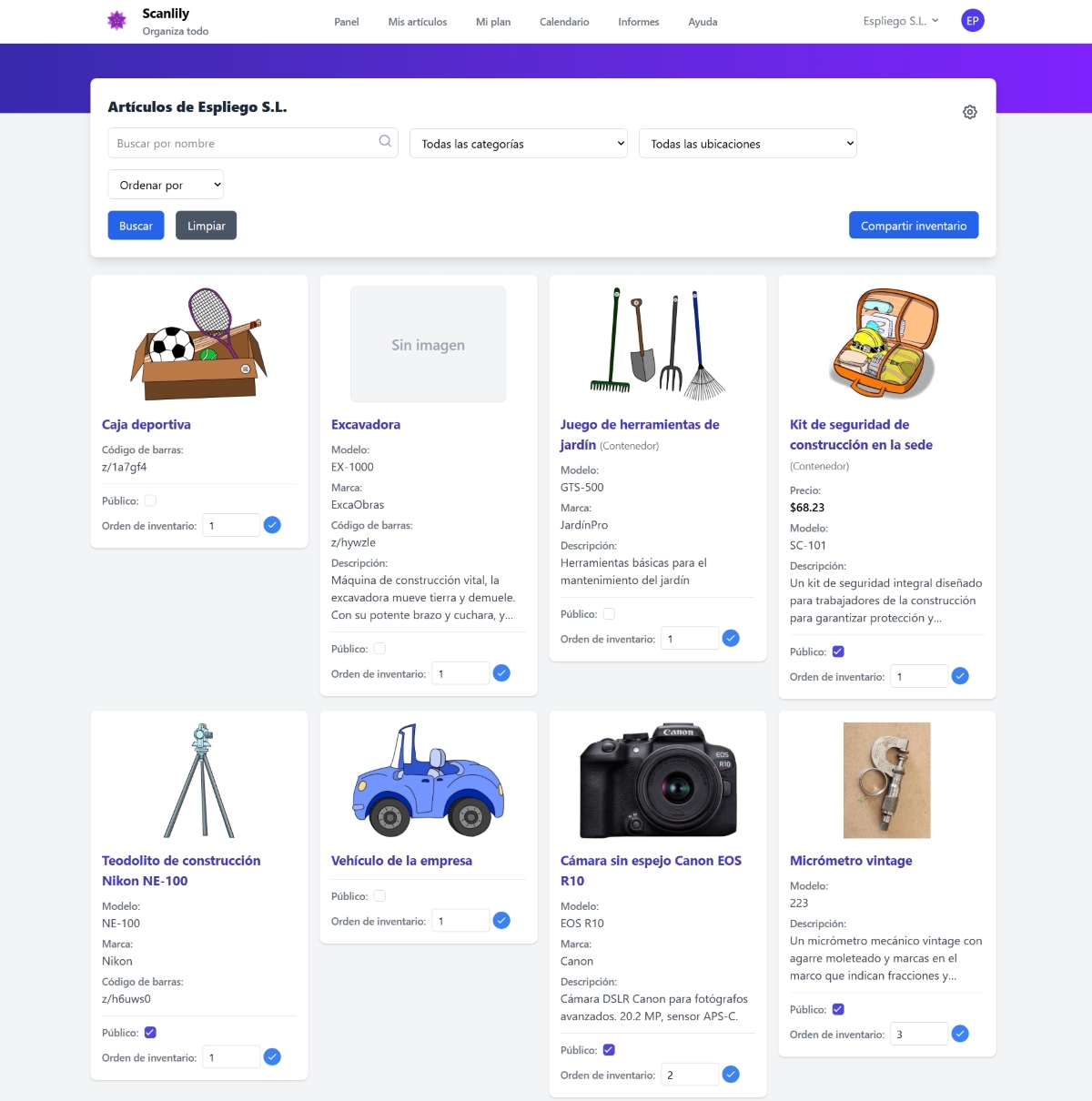 Página de exploración de inventario HTML que muestra artículos con imágenes