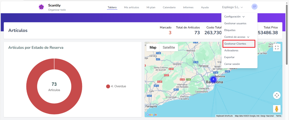 Menú de perfil de usuario que muestra la opción Administrar clientes