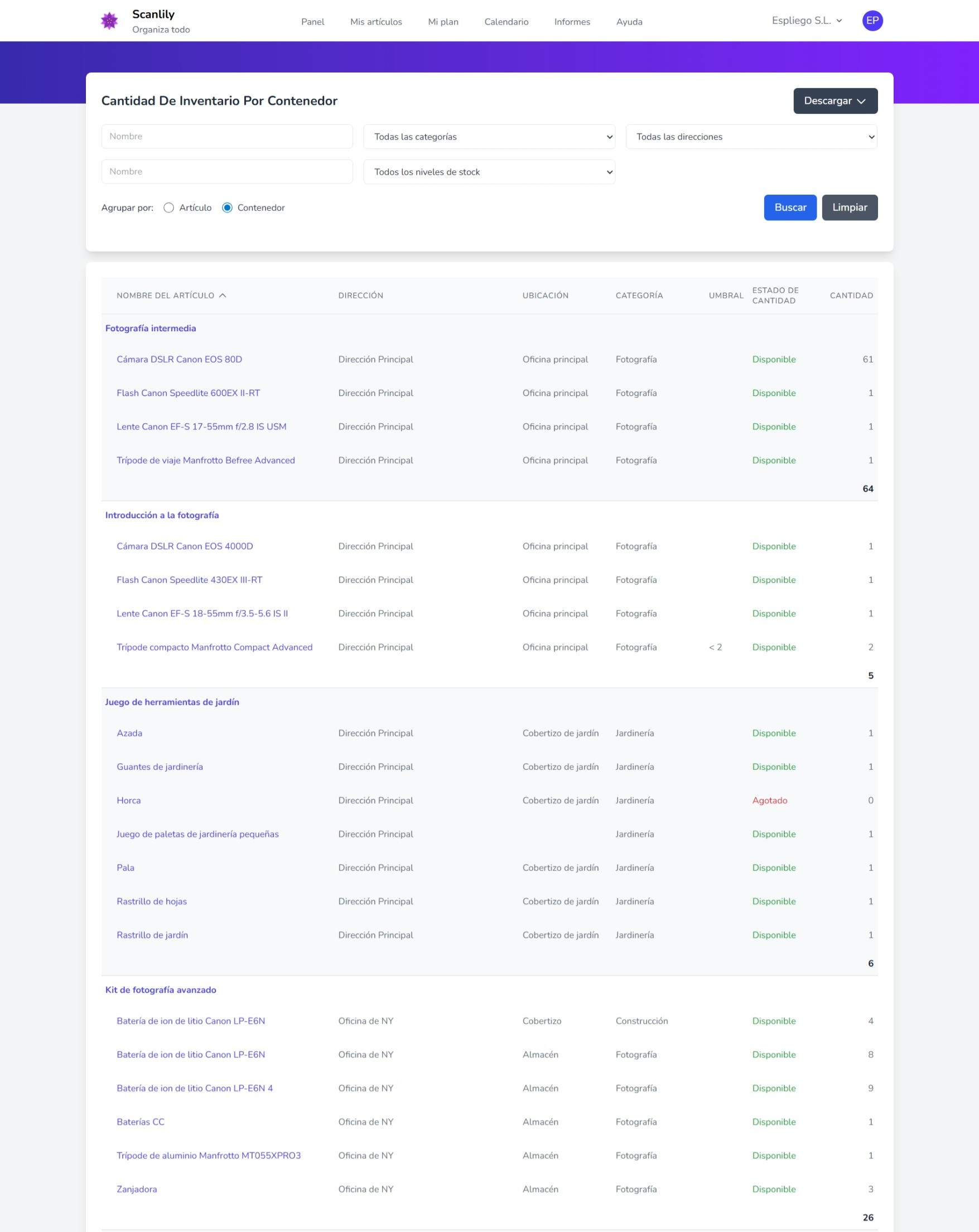 Informe que muestra los niveles de stock por contenedores en cada ubicación con indicadores de alerta de cantidad de inventario.