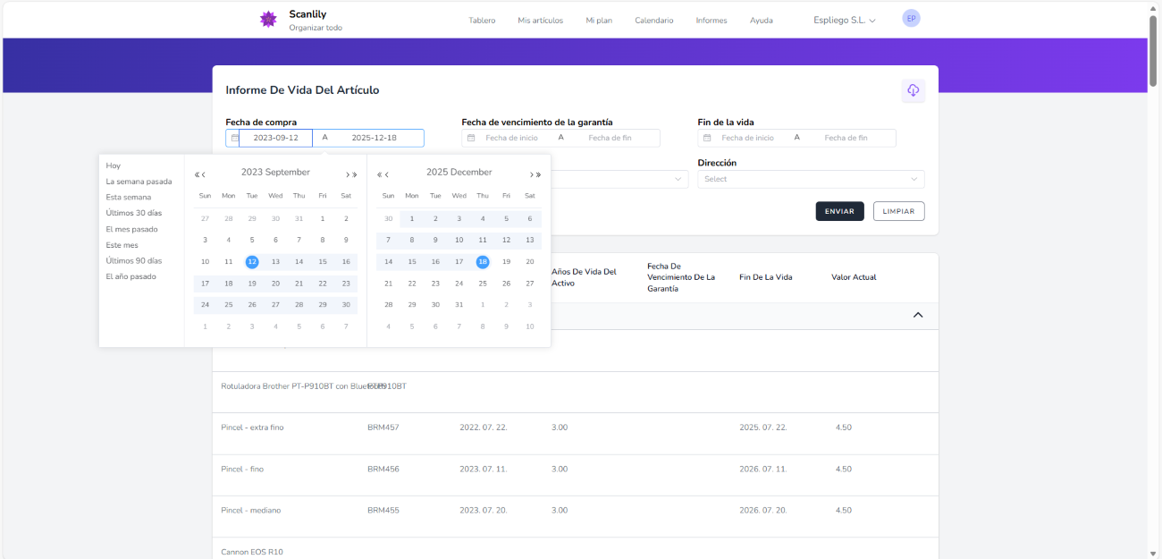 Selector de rango de fechas que muestra opciones para fechas específicas o períodos relativos.