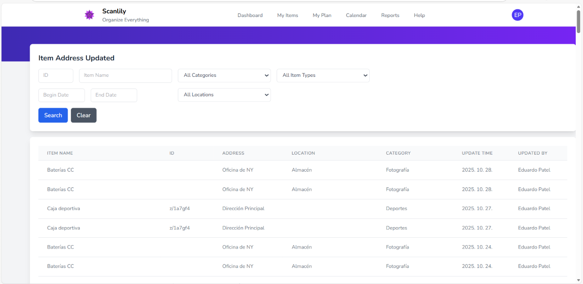 Informe que muestra las actualizaciones de dirección más recientes para los elementos