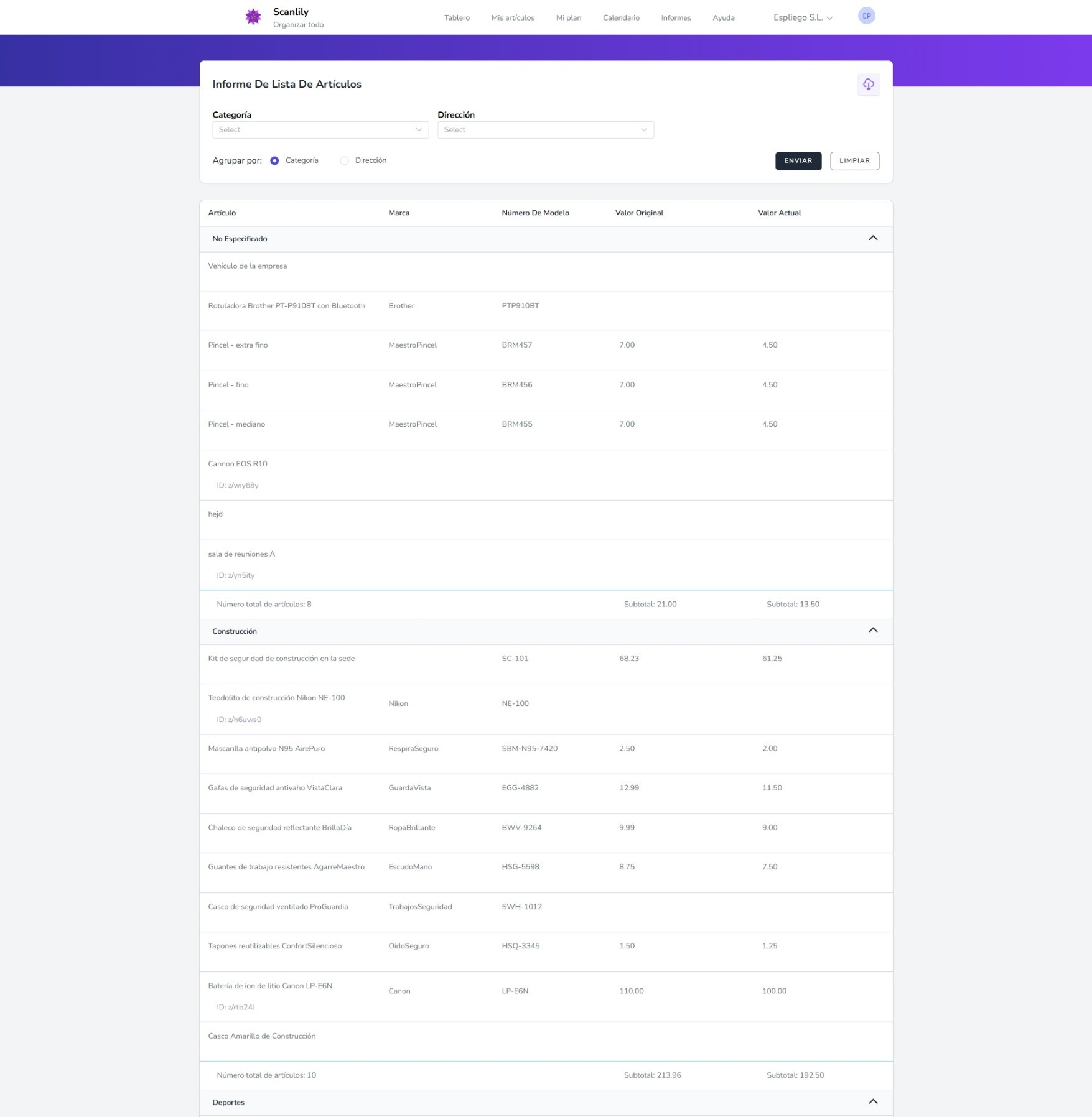 Informe que muestra los detalles del artículo con la opción Agrupar por categoría