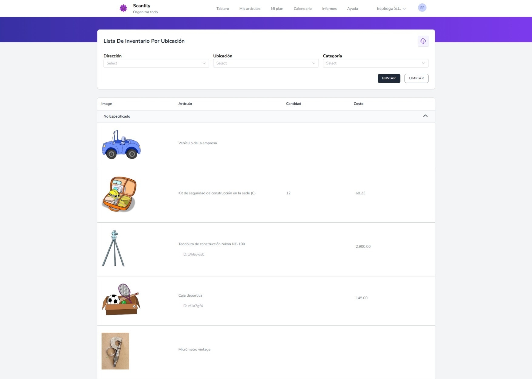 Informe de inventario que incluye imágenes de los artículos, costo y cantidad.