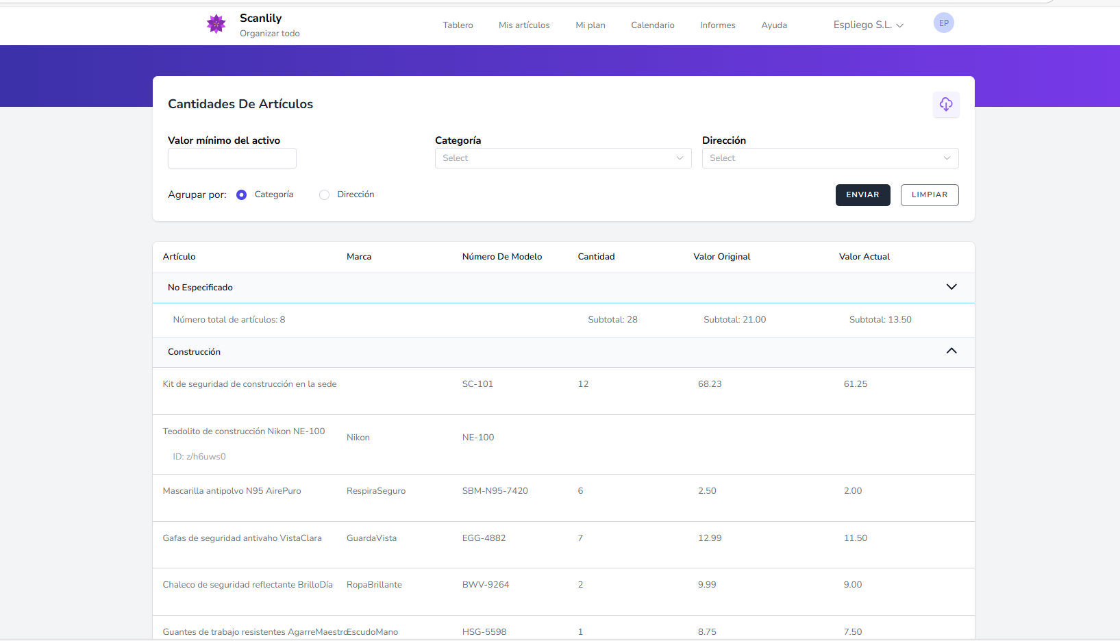 Informe que muestra las cantidades de artículos con valores en blanco para los artículos no rastreados.