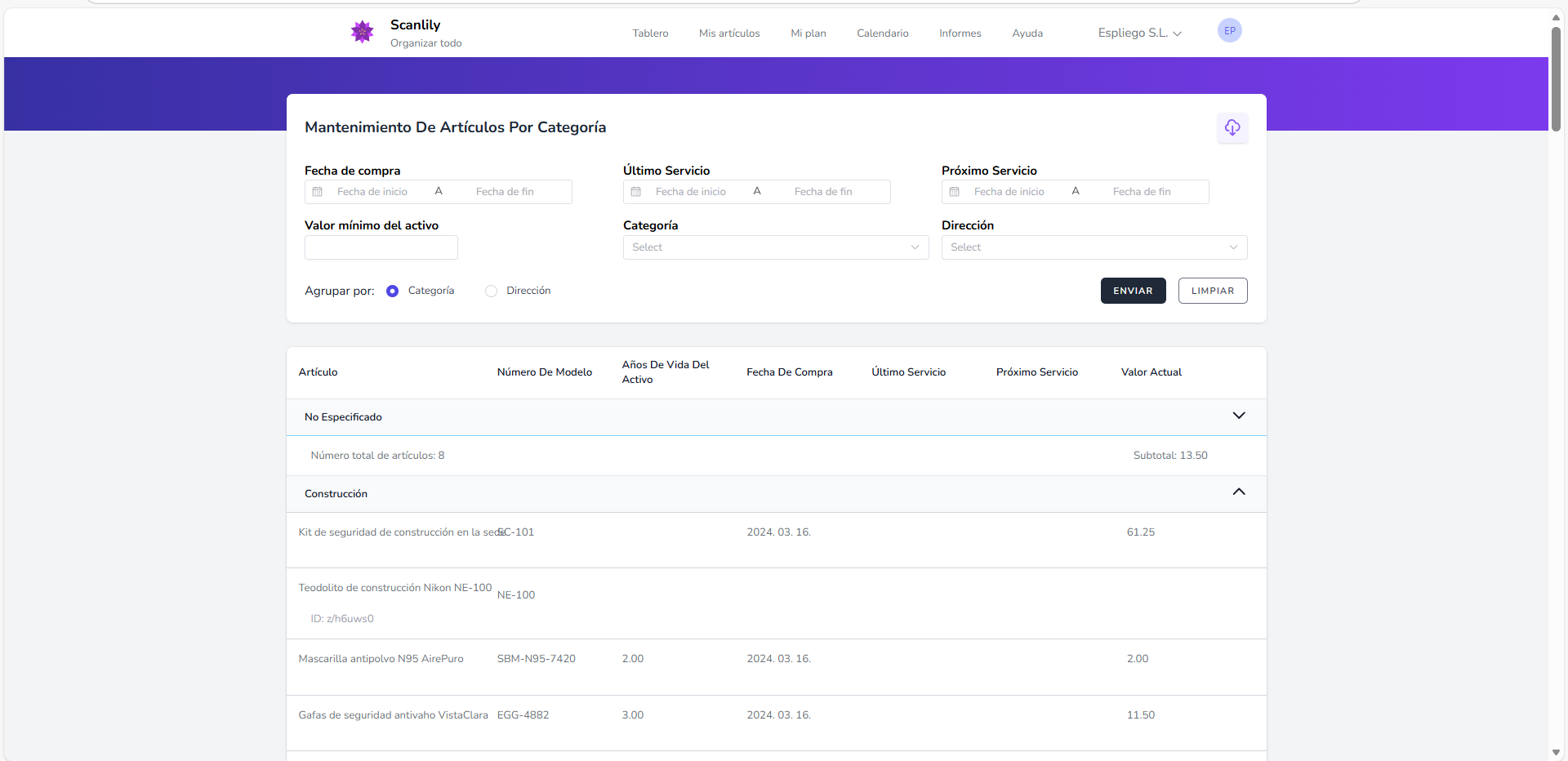 Informe que muestra las fechas de servicio y los próximos requisitos de servicio por categoría