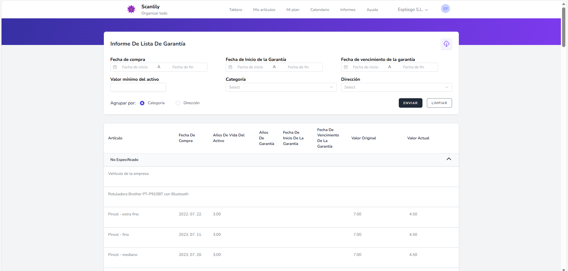 Informe que muestra información de garantía para artículos