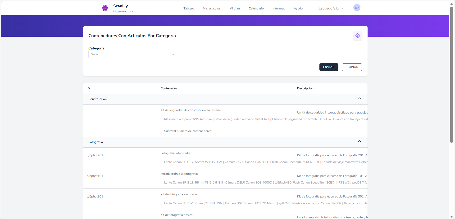 Informe que muestra los contenedores y su contenido organizado por categoría.