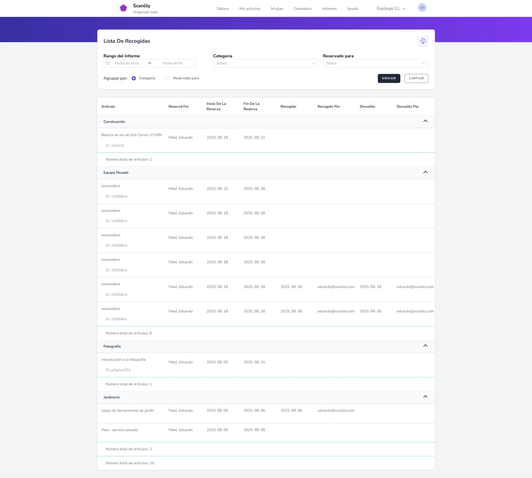 Informe que muestra las reservas con recogidas programadas.