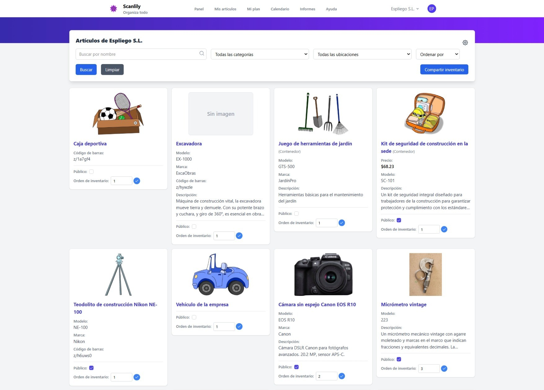 Vista de inventario que muestra los artículos en una cuadrícula.