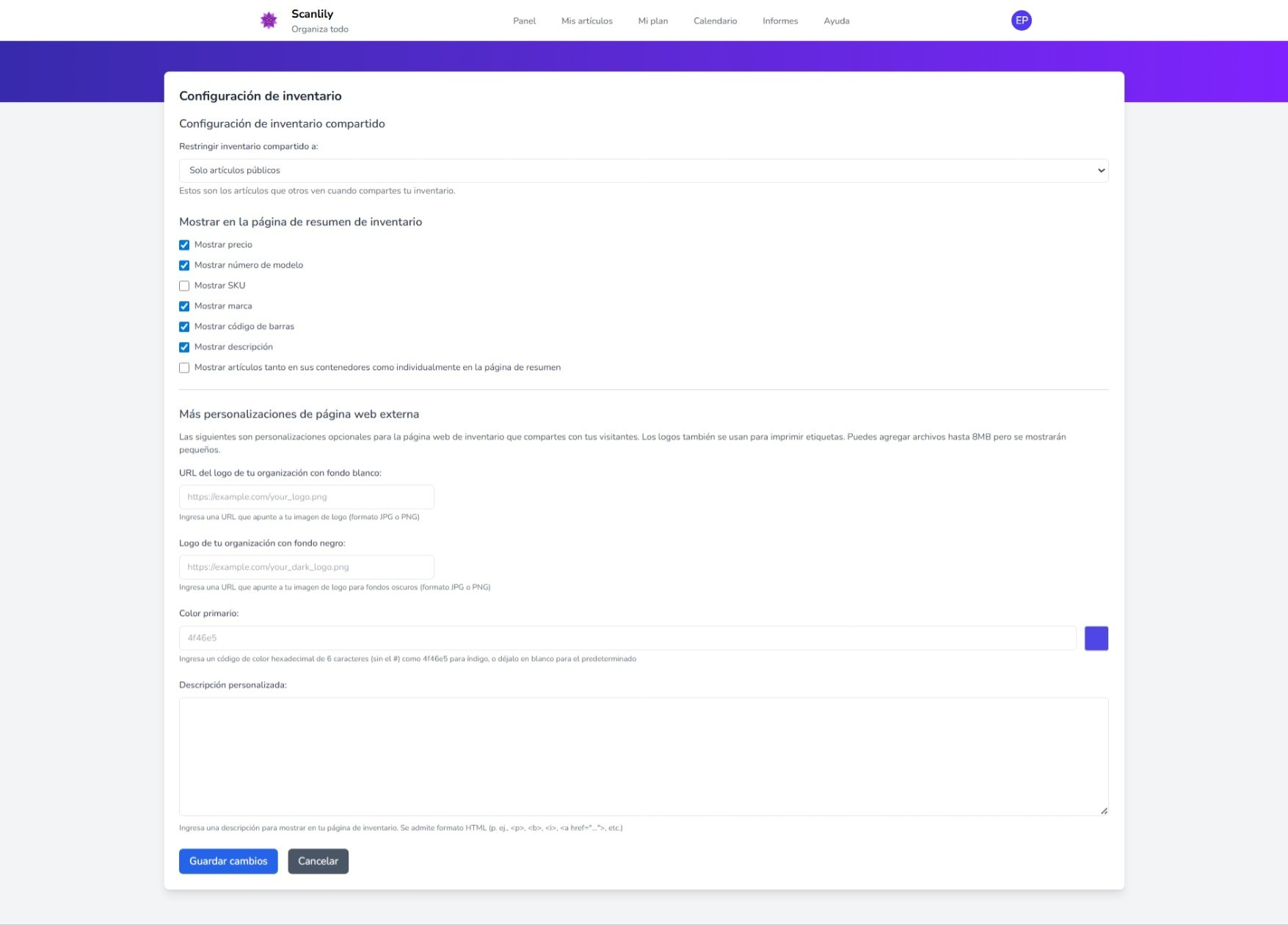 Página de configuración de inventario para personalización