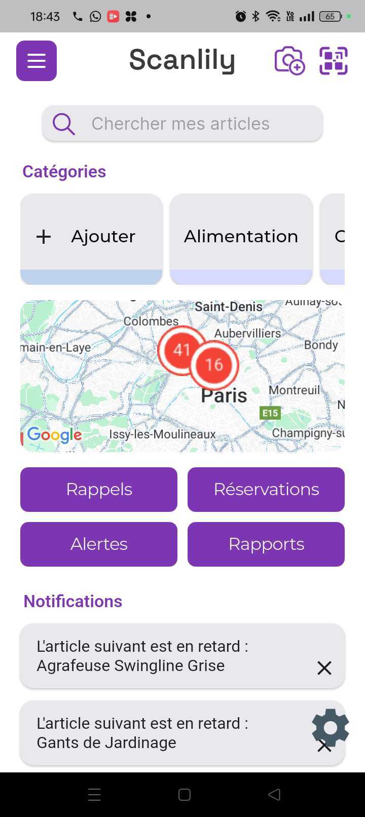 Image du tableau de bord montrant la barre de recherche, les catégories, la carte, les boutons pour les rappels et les réservations, et les notifications.