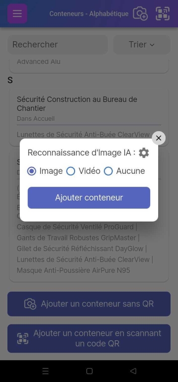 Ajouter une fenêtre contextuelle de conteneur
