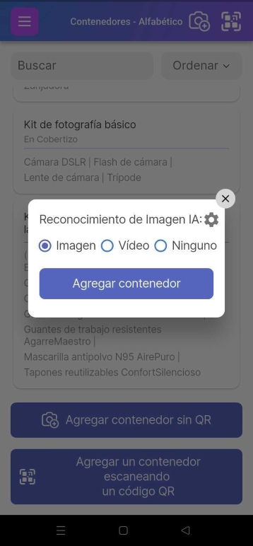 Añadir ventana emergente de contenedor