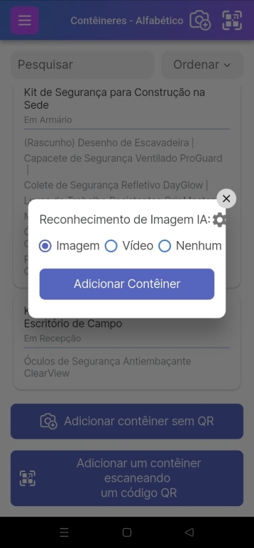 Popup Adicionar contêiner