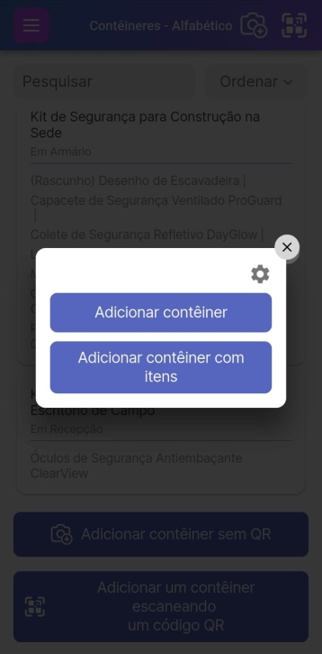 Popup Subescolhas Adicionar contêiner