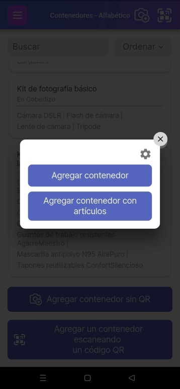 Añadir ventana emergente de subopciones de contenedor