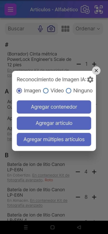 Ventana emergente que muestra las opciones para Añadir Contenedor, Añadir Artículo o Añadir Múltiples Artículos
