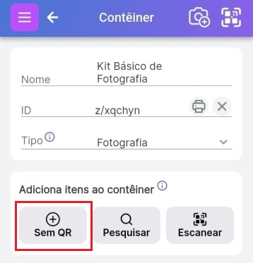 Botão Adicionar itens sem QR