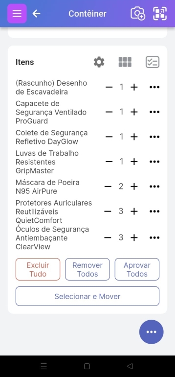 Itens reconhecidos no contêiner