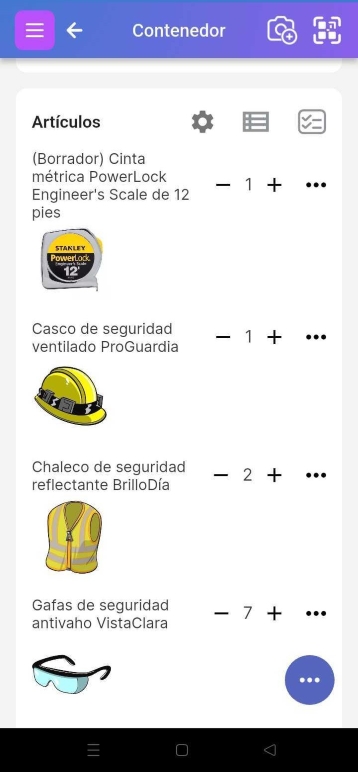 Artículos en el contenedor mostrados como imágenes.