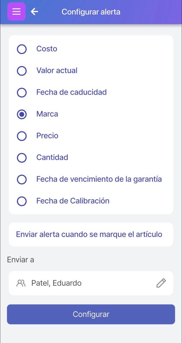 Pantalla de configuración de alertas que muestra "Marcar" como la opción seleccionada para configurar la alerta.