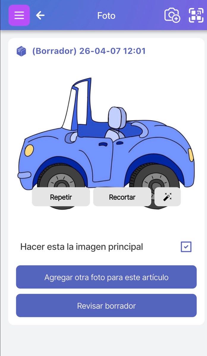 Pantalla de Scanlily que se muestra después de tomar una foto de un artículo. Ofrece opciones para tomar más fotos, añadir otro artículo o revisar el borrador del artículo.