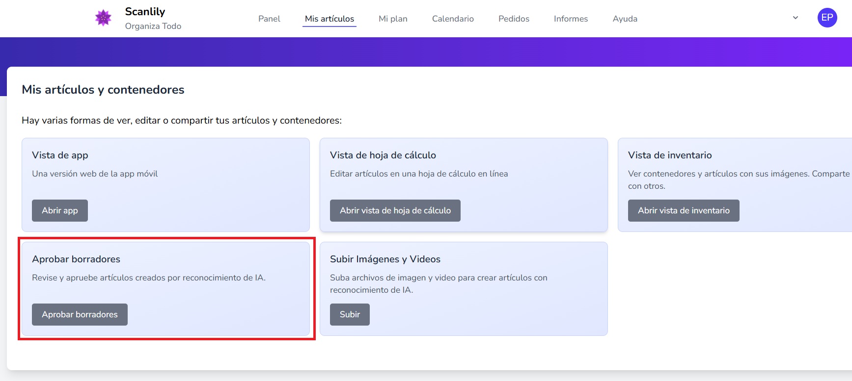 Página Mis Artículos y Contenedores en el sitio web de usuario de Scanlily con la tarjeta Aprobar Borradores resaltada en un recuadro rojo
