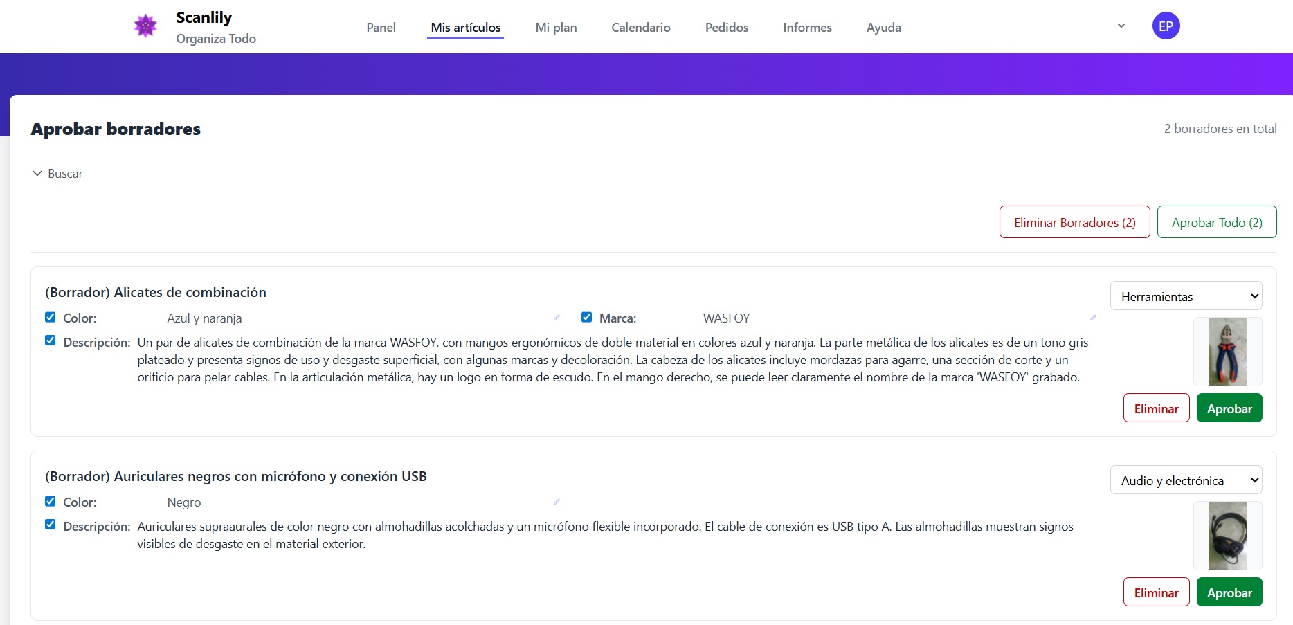 Página Aprobar Borradores que muestra artículos en borrador con casillas de verificación para los campos propuestos por la IA, menús desplegables de categorías, imágenes en miniatura y botones Aprobar y Eliminar