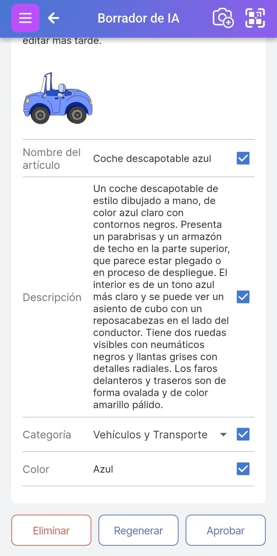 Pantalla de borrador de elemento de IA que muestra campos con casillas de verificación para permitir seleccionar qué recomendaciones mantener y cuáles ignorar.