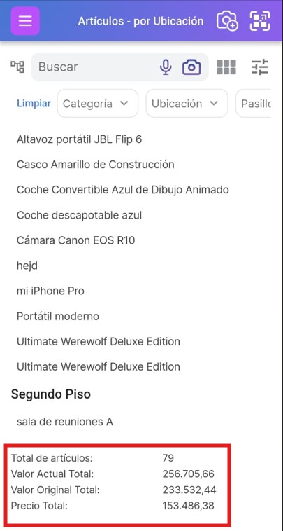 Cantidad de artículos, precio y totales de costo en la parte inferior de la página de la lista de artículos.