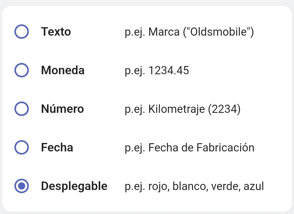 Parte de la pantalla móvil de Scanlily que muestra cómo seleccionar el tipo de campo personalizado a elegir: texto, moneda, número, fecha o menú desplegable.