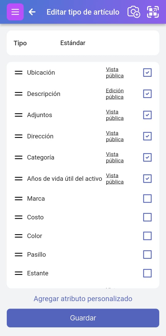 Pantalla Editar tipo de elemento con campos marcados y desmarcados.