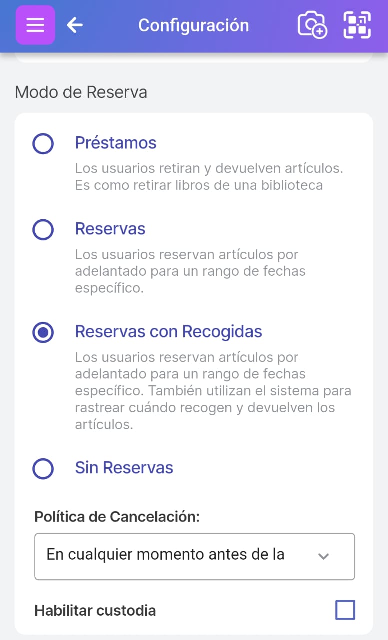 Pantalla de configuración de Scanlily mostrando las opciones de reserva