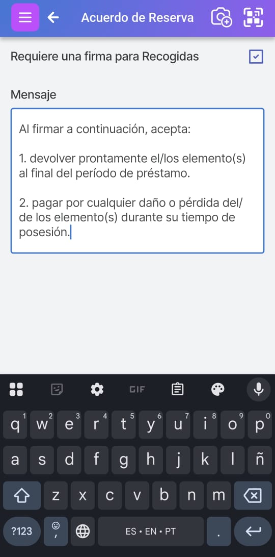 Pantalla para editar el acuerdo de reserva