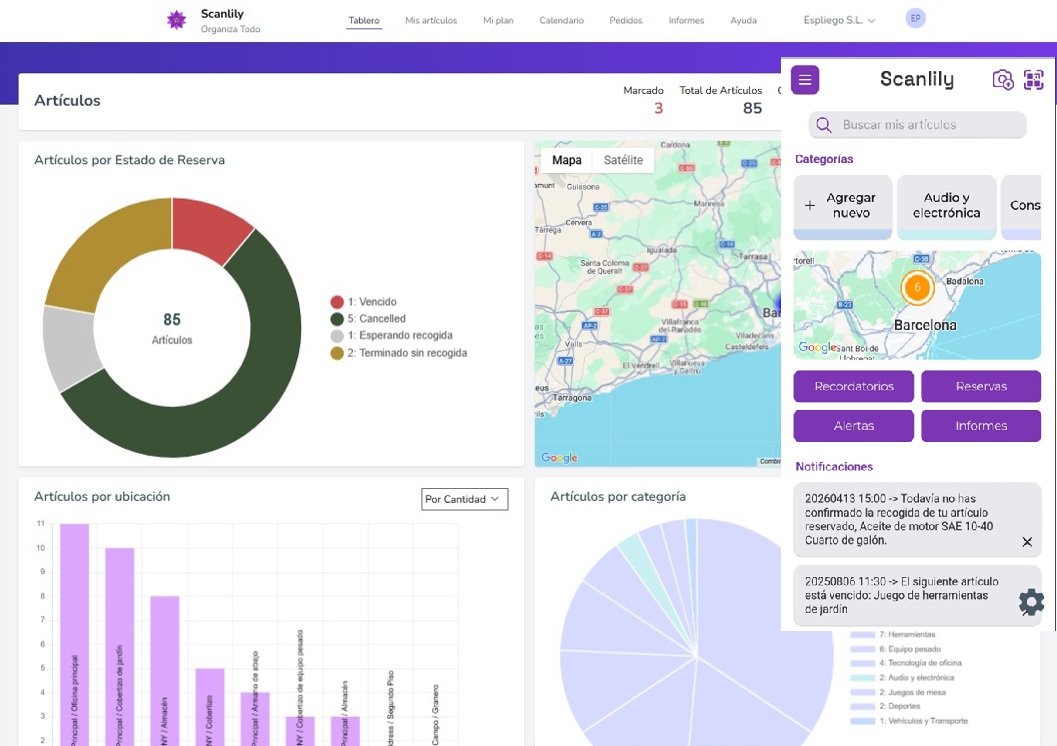 both_dashboards.png Panel de control web de Scanlily mostrando la cantidad total, el costo y el valor de los artículos. También muestra cuatro informes gráficos: Artículos por estado de reserva, un mapa de ubicaciones de artículos, Artículos por ubicación y Artículos por categoría. También contiene una imagen del panel de control móvil de Scanlily mostrando un mapa de artículos, un botón de recordatorio, un botón de recogida y una lista de notificaciones, como una notificación de que un paquete de baterías de litio ha alcanzado su tiempo de reemplazo de 3 años.