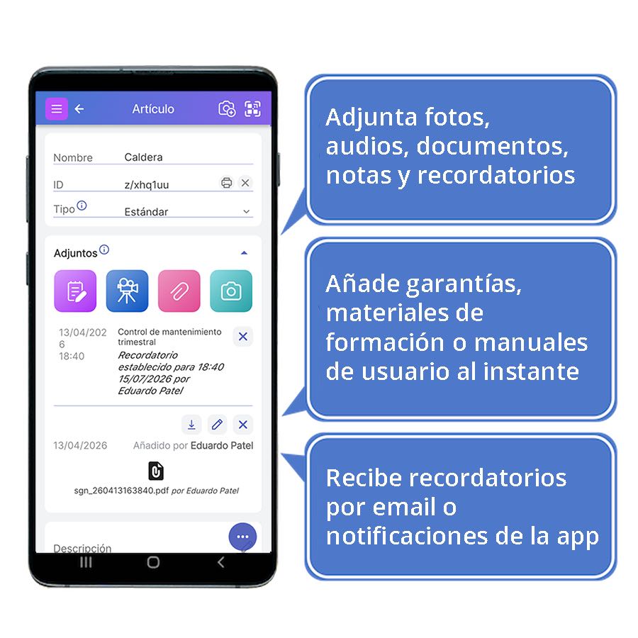 Pantalla de artículo de Scanlily con palabras superpuestas que describen dónde adjuntar fotos, cómo abrir los archivos adjuntos y dónde ver los recordatorios