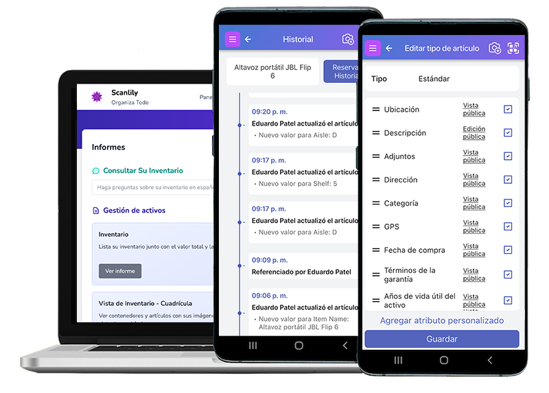 Tres pantallas diferentes de Scanlily que muestran Scanlily en una computadora portátil y en un dispositivo móvil.