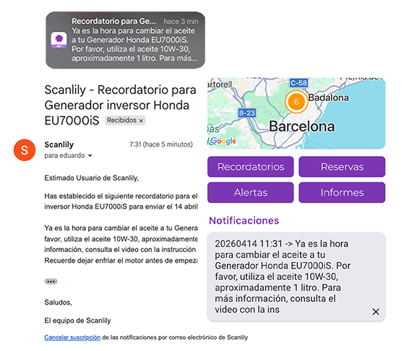 Montaje de pantallas que muestran la reserva de un artículo y las notificaciones resultantes