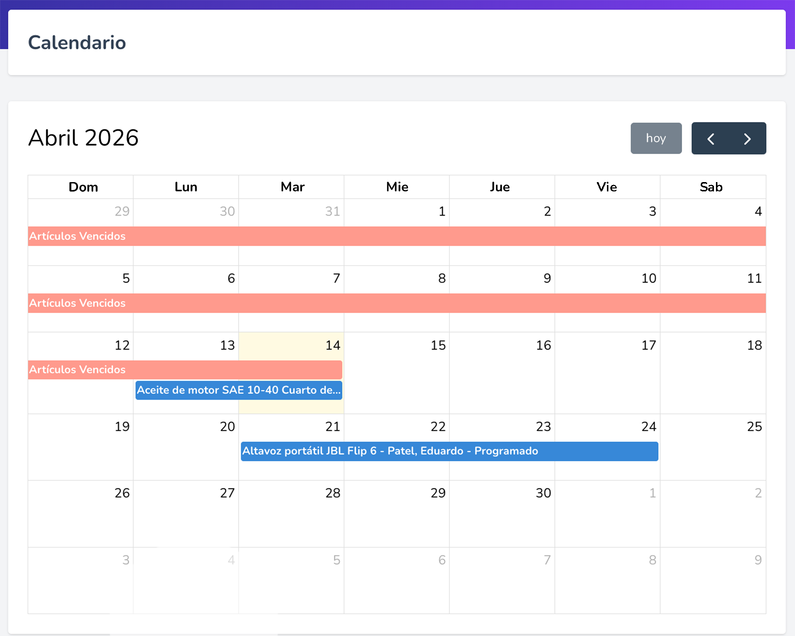 Calendario web en el sitio web del usuario
