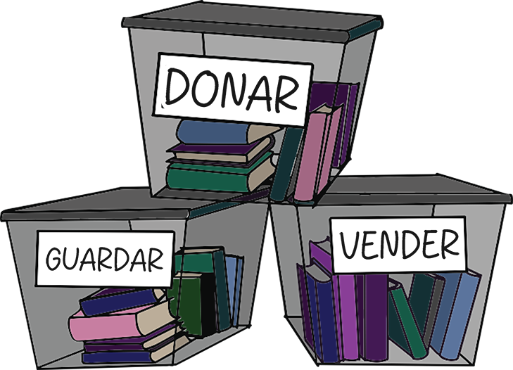Cajas etiquetadas como "Donar", "Guardar" y "Vender"