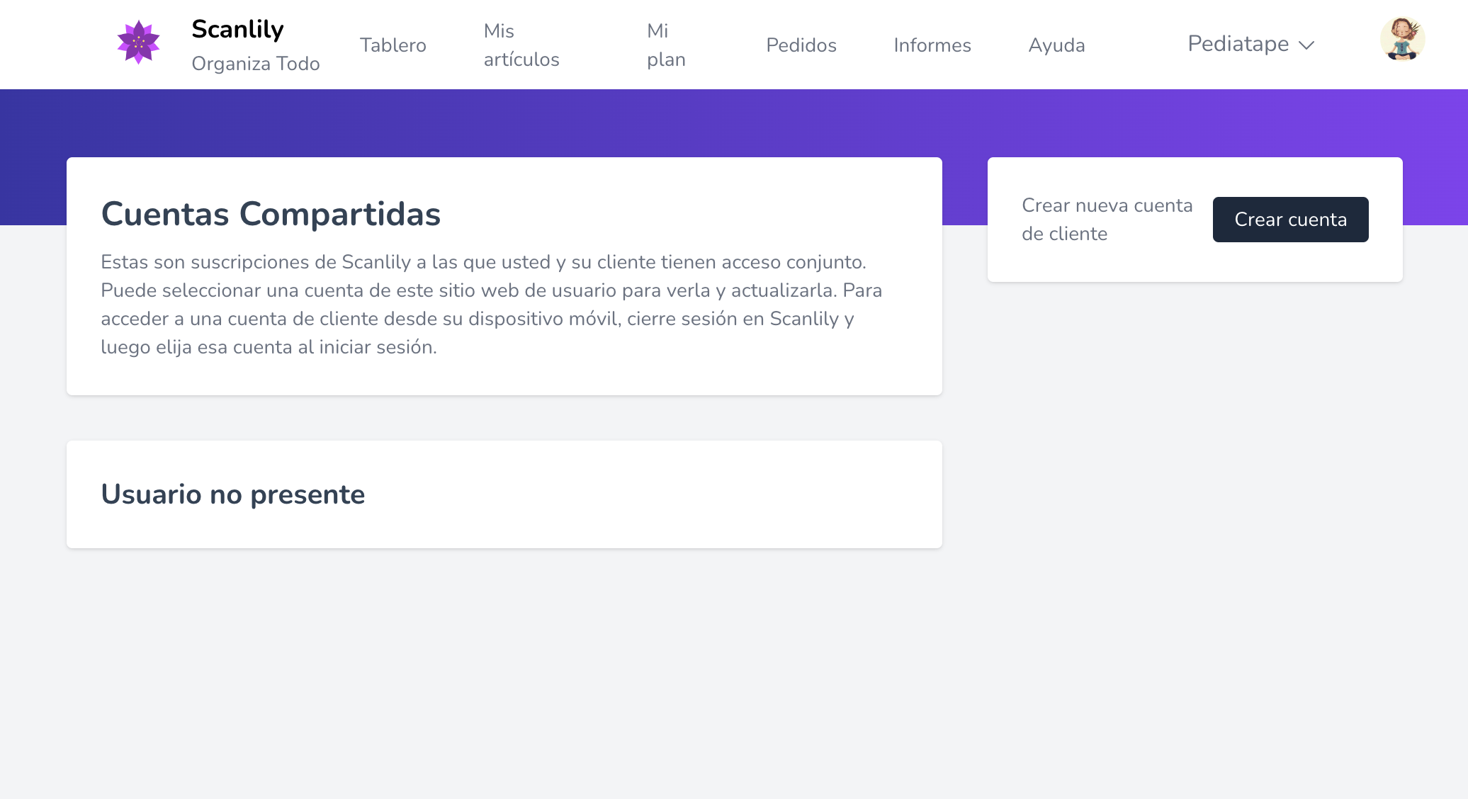 Selector desplegable de cuentas que muestra la cuenta de empresa y las cuentas de cliente.