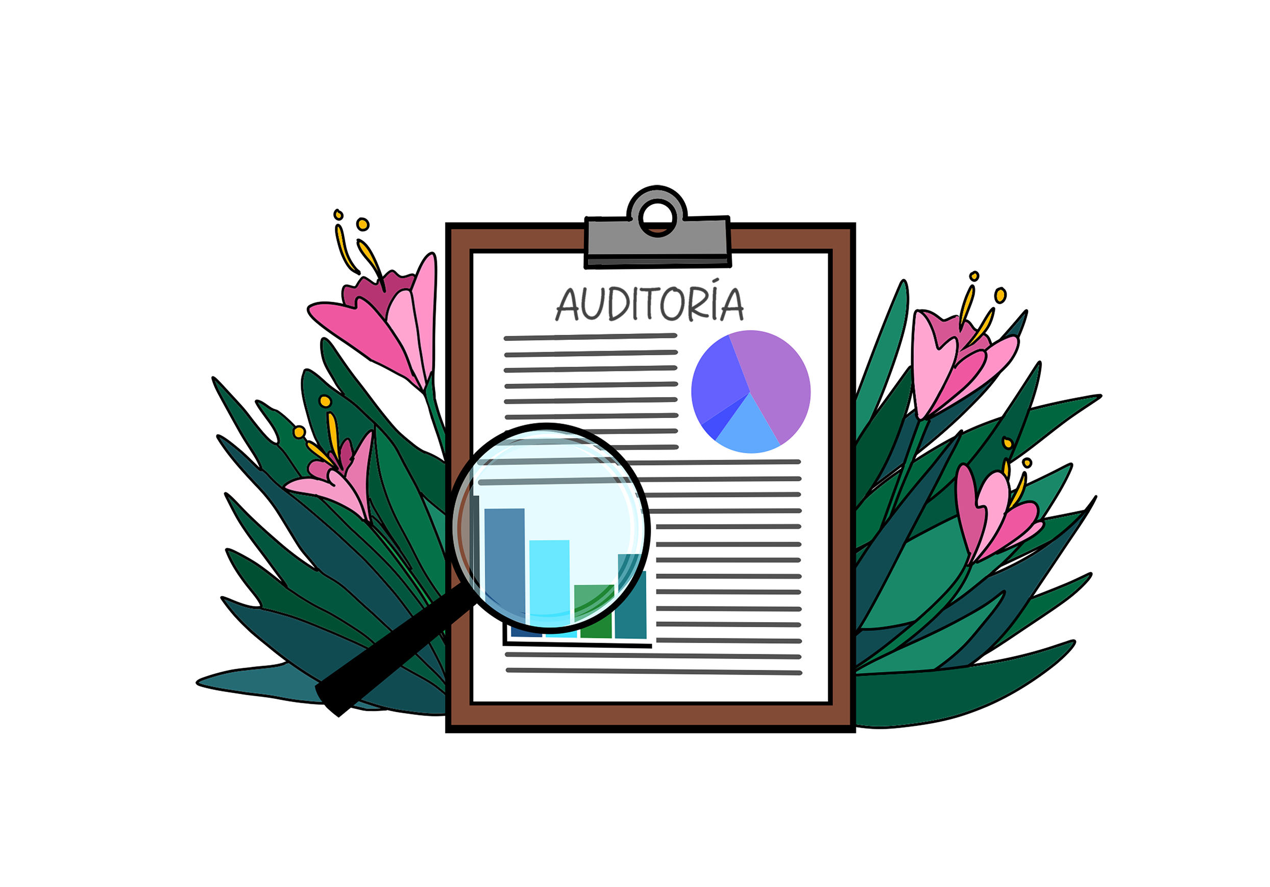 Ilustración de una página con la auditoría escrita en ella y flores alrededor