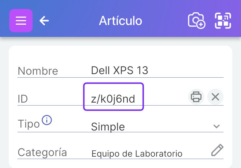 Código QR de Scanlily resaltado en la pantalla de Artículo en el campo ID