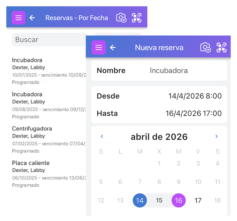 Dos pantallas de Scanlily: una que muestra el calendario de una reserva de artículo y otra que muestra la lista de reservas