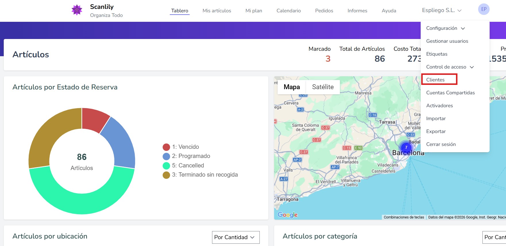 Menú de perfil del sitio web del usuario de Scanlily expandido con la opción Clientes resaltada en un cuadro rojo
