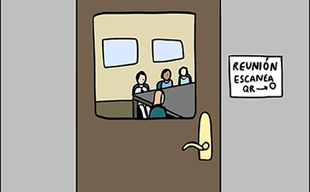 Puerta de la sala de reuniones con ventana que muestra que hay gente dentro y un anuncio afuera que indica escanear un código QR para reservar