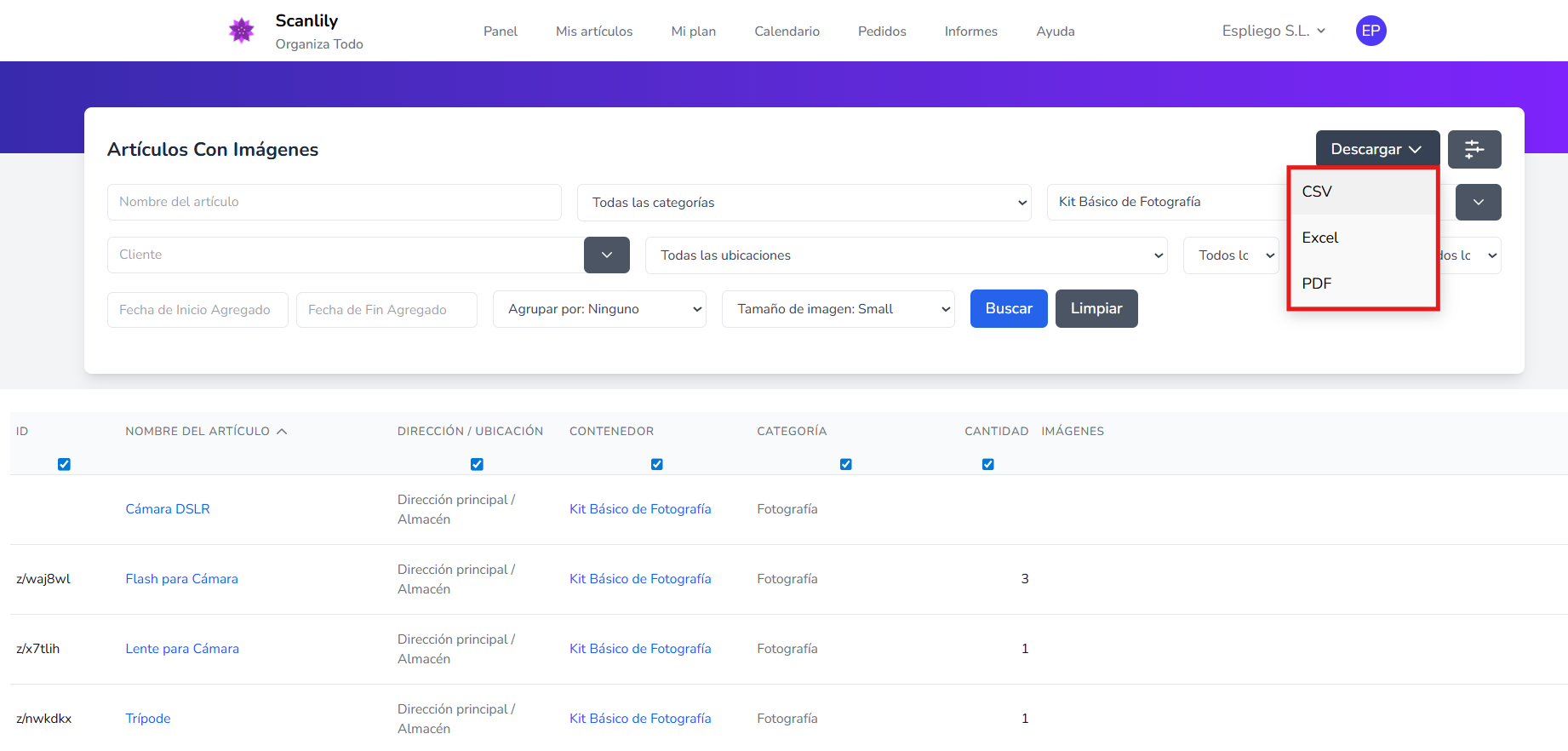Opción de informe para descargar como archivo CSV, Excel o PDF
