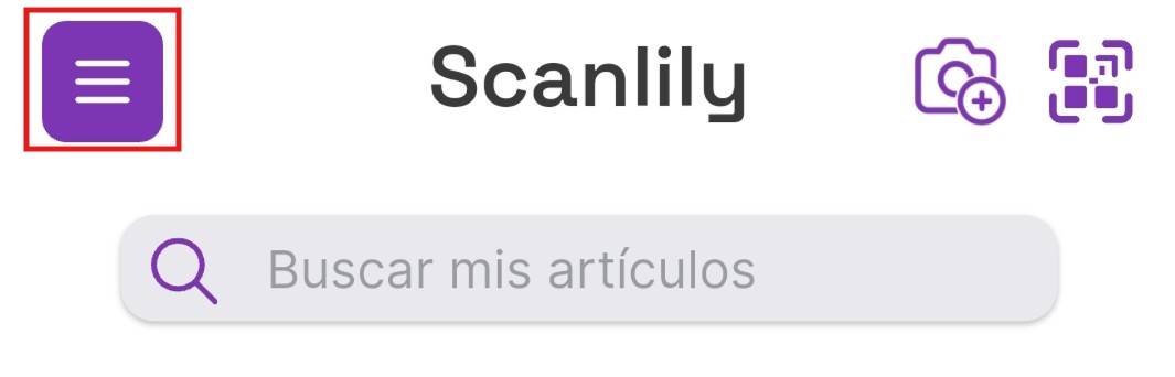 Icono del botón de menú resaltado en la parte superior de la pantalla de la aplicación Scanlily.