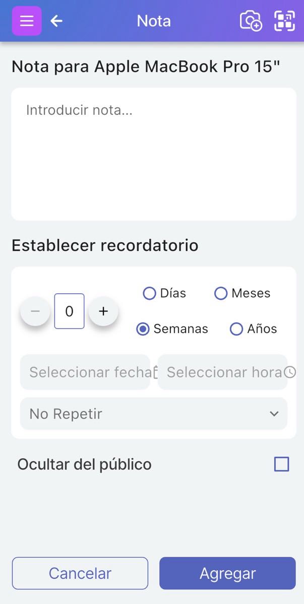 Sección de recordatorios