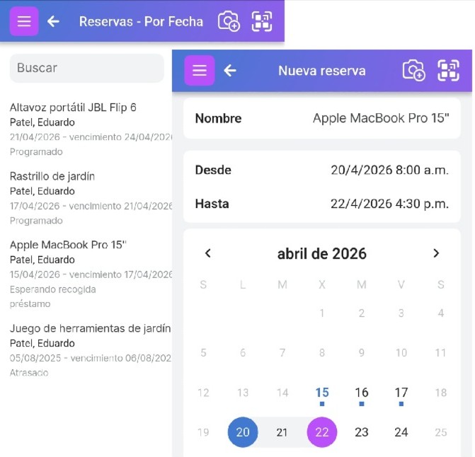 Capturas de pantalla de cómo hacer una reserva en el sistema de reservas de Scanlily y una lista de reservas actuales y vencidas.